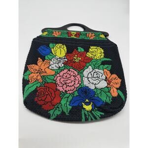 VTG Beaded Women's Mulit-Colored Flower Hippie Tote Bag Purse Resin 70’s